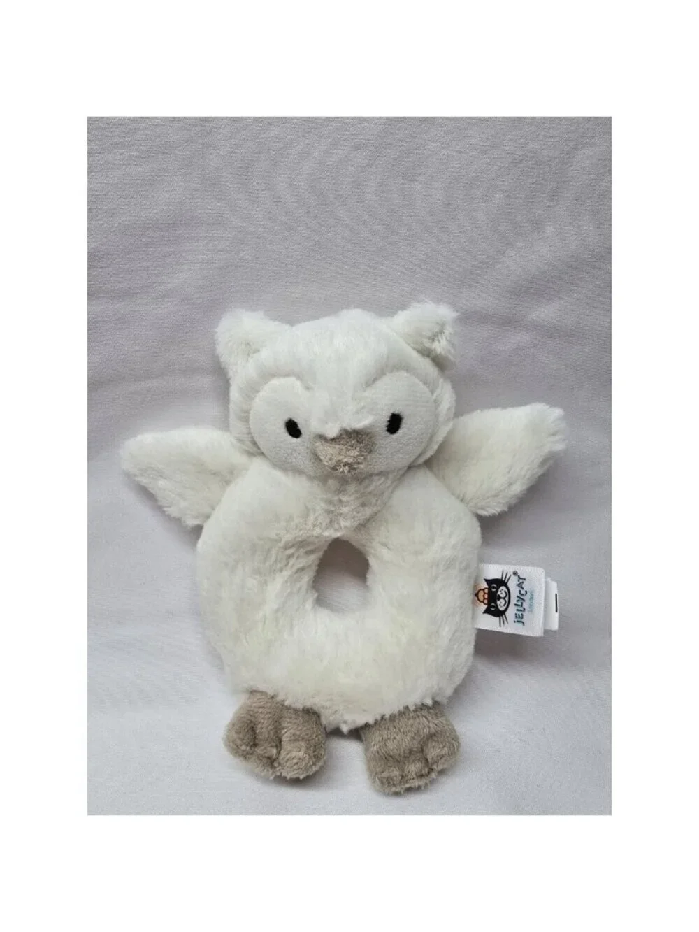 Little Jellycat Bashful Owl White Plush Rattle Ring Grabber Lovey Baby Toy